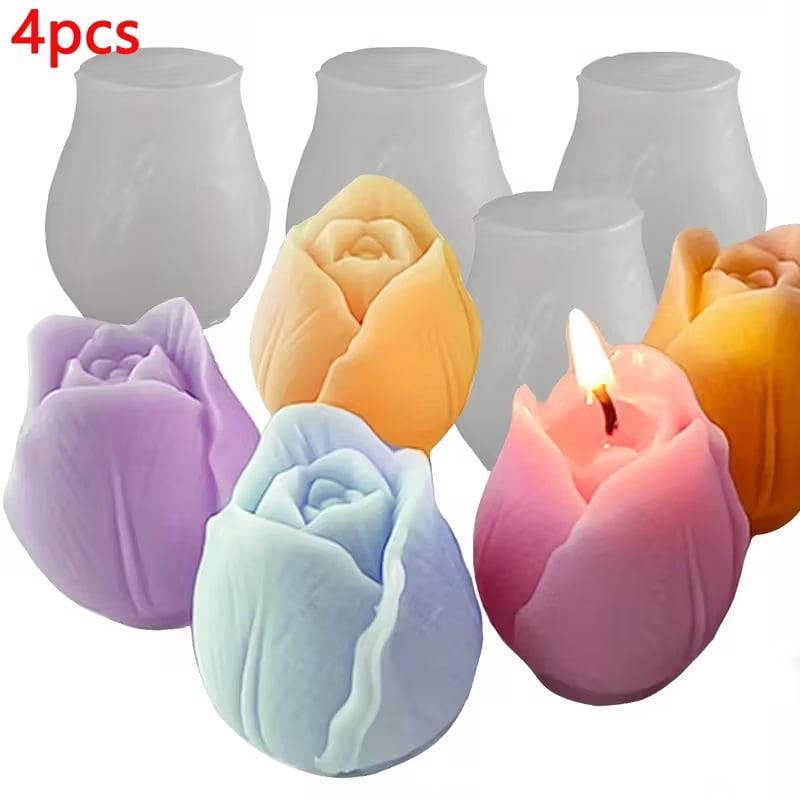 Set of 4 Tulip Shape Silicone Molds - Flexible flower molds for handmade soaps, candles and crafts - Heat resistant, ideal for DIY gift making - Perfect holiday gifts for mothers and daughters