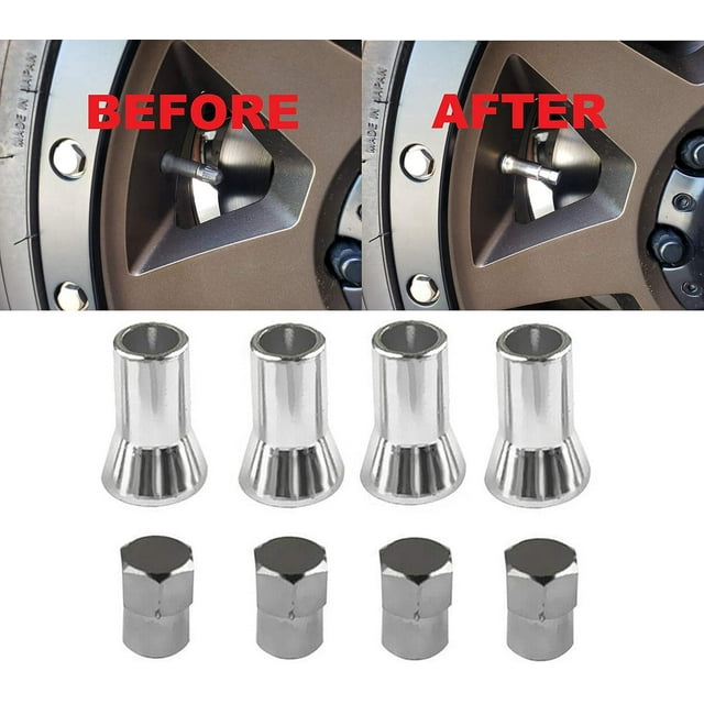 Set of 4 Universal TPMS Chrome Valve Stem Sleeve Covers and Cover Trim