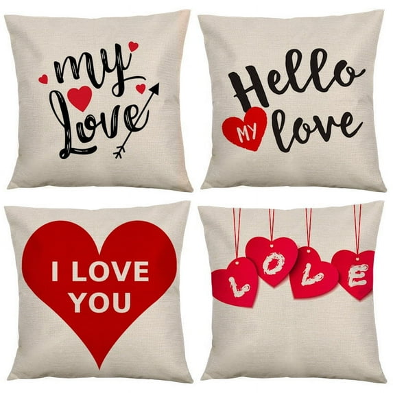 Set of 4 Valentines Pillow Covers 18 x 18 Inch, Valentines Day Pillow Covers, Love Heart Valentines Day Throw Pillows, Decorative Cushion Cases Valentine Decorations