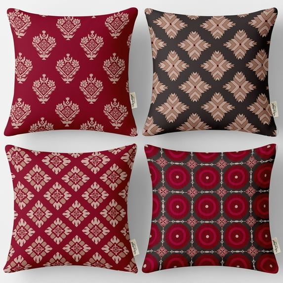 Set of 4 Vargottam 18x18 Inch Pillow Covers - 100% Cotton, Decorative Geometric Print, Double-Sided Print with Concealed Zipper - Filler Not Included - Crimson