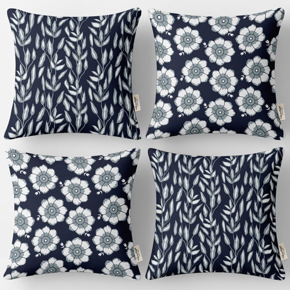 Set of 4 Vargottam 20x20 Inch Pillow Covers - 100% Cotton, Decorative Floral Print, Double-Sided Print with Concealed Zipper - Filler Not Included - Blue