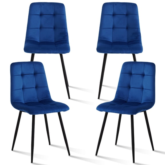 Set of 4 Velvet Dining Chairs - Mid Century Modern Dinning Chair, Upholstered Cushion Seat, Square-Patterned Backrest, Blue, Dinner Chairs with Metal Legs for Dining Living Room, Bedroom(Only Chairs)