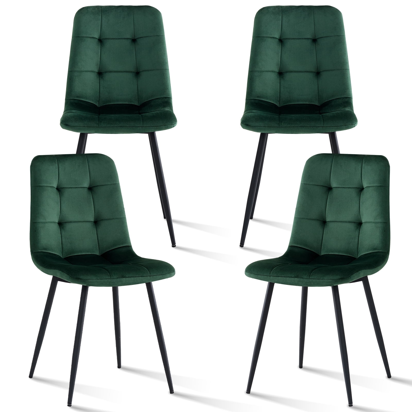 Set of 4 Velvet Dining Chairs - Mid Century Modern Dinning Chair, Upholstered Cushion Seat, Square-Patterned Backrest, Dinner Chairs with Metal Legs for Dining Living Room, Bedroom, Green