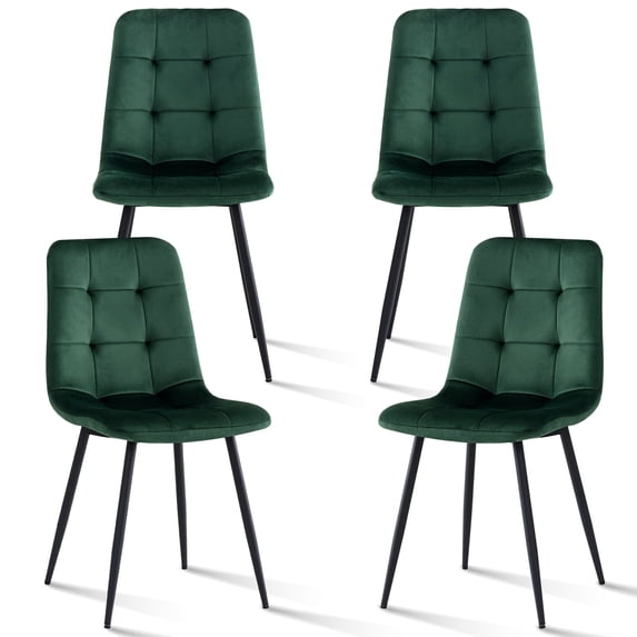 Set of 4 Velvet Dining Chairs - Mid Century Modern Dinning Chair, Upholstered Cushion Seat, Square-Patterned Backrest, Dinner Chairs with Metal Legs for Dining Living Room, Bedroom, Green
