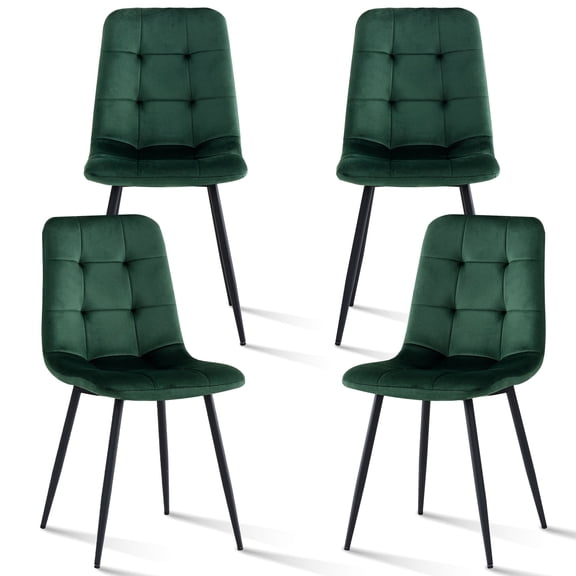 Set of 4 Velvet Dining Chairs - Mid Century Modern Dinning Chair, Upholstered Cushion Seat, Square-Patterned Backrest, Dinner Chairs with Metal Legs for Dining Living Room, Bedroom, Green