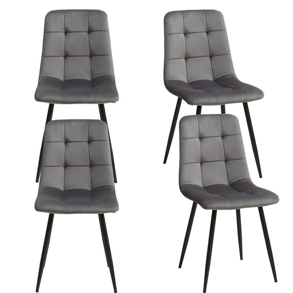 Set of 4 Velvet Dining Chairs - Mid Century Modern Dinning Chair, Upholstered Cushion Seat, Square-Patterned Backrest, Grey, Dinner Chairs with Metal Legs for Dining Living Room, Bedroom