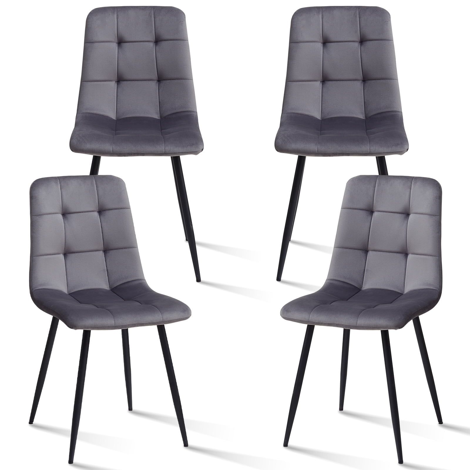 Set of 4 Velvet Dining Chairs - Mid Century Modern Dinning Chair, Upholstered Cushion Seat, Square-Patterned Backrest, Grey, Dinner Chairs with Metal Legs for Dining Living Room, Bedroom