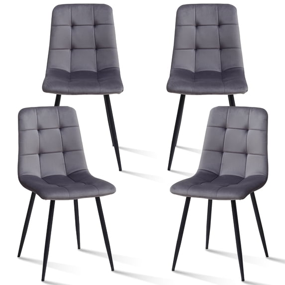 Set of 4 Velvet Dining Chairs - Mid Century Modern Dinning Chair, Upholstered Cushion Seat, Square-Patterned Backrest, Grey, Dinner Chairs with Metal Legs for Dining Living Room, Bedroom