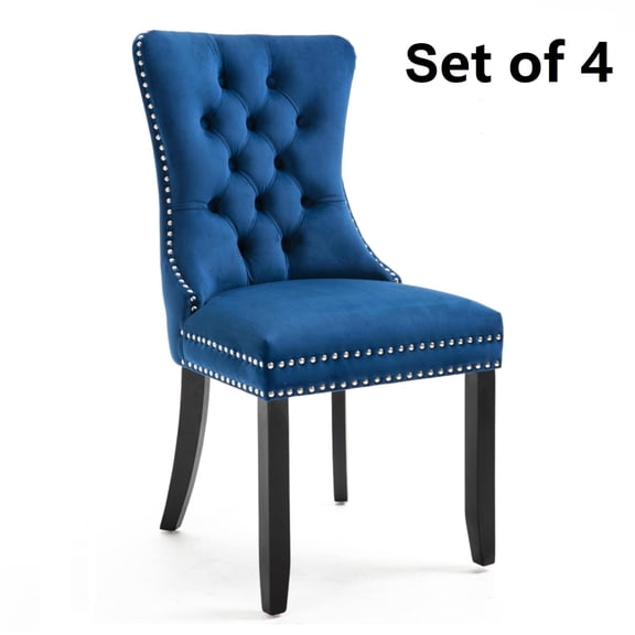 Set of 4 Velvet Fabric Dining Chairs Luxury Tufted Back with Nailed Trim and Back Ring Pull Home Kitchen Dining Room Chairs Armless Accent Side Chairs Solid Rubber Wood Legs