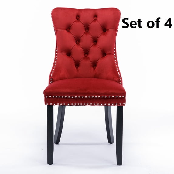 Set of 4 Velvet Fabric Dining Chairs Luxury Tufted Back with Nailed Trim and Back Ring Pull Home Kitchen Dining Room Chairs Armless Accent Side Chairs Solid Rubber Wood Legs