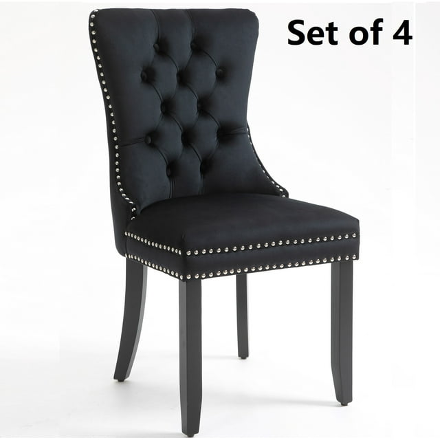 Set of 4 Velvet Fabric Dining Chairs Luxury Tufted Back with Nailed