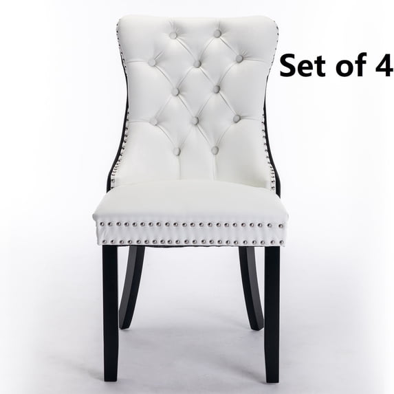 Set of 4 Velvet and PU Fabric Dining Chairs Luxury Tufted Back with Nailed Trim and Back Ring Pull Home Kitchen Dining Room Chairs Armless Accent Side Chairs Solid Rubber Wood Legs(with PU)