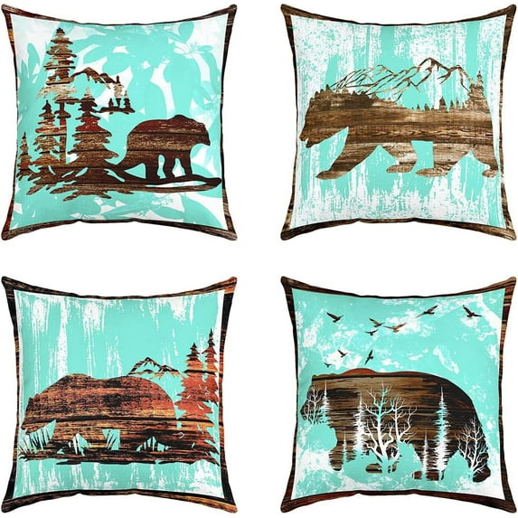Set of 4 Vintage Bear Throw Pillow Covers,Cabin Deer Hunting Cushion Case for Home Living Room Decor, Reversible Farmhouse Animals Blue White Decorative Throw Cushion Case, 16x16 Inches