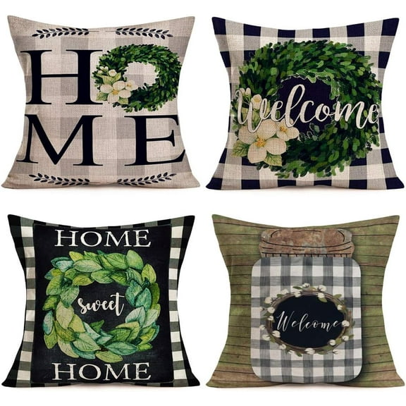 Set of 4 Vintage Buffalo Check Plaids Pillow Covers Welcome Home Sweet Home Quote Wreath Rustic Farmhouse Decorative Throw Pillow Cases Cotton Linen Square 18x18 Inch Cushion Cover