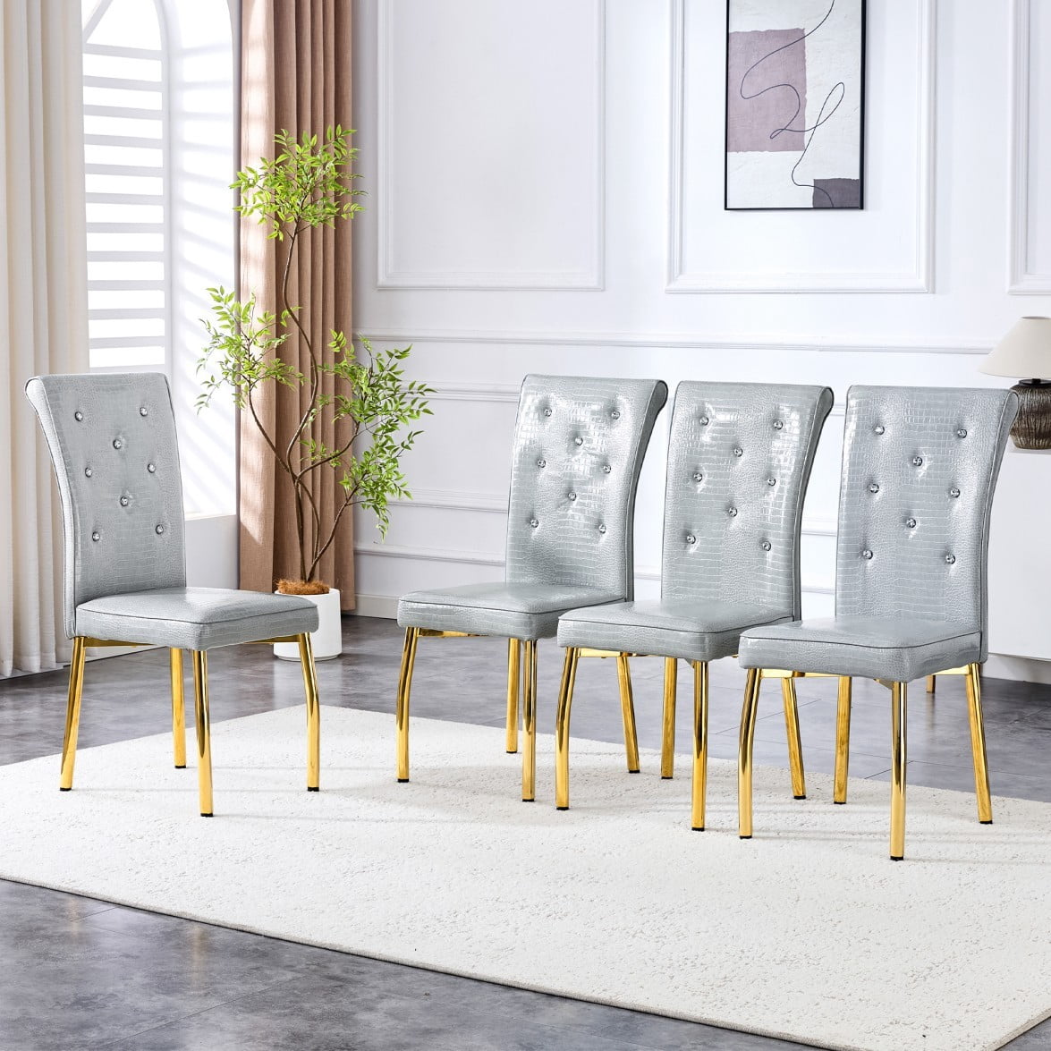 Set of 4 Vintage Dining Chairs, Gray Faux Alligator-Textured PVC Leather Upholstered Chairs with Crystal Button Details & Gold Metal Legs, 400 LBS, Gray & Gold