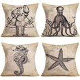 thumbnail image 1 of Set of 4 Vintage Map Marine Pillow Covers Ocean Animals Caribbean Starfish Octopus Lobster Seahorse Throw Pillow Case Square Cotton Linen 18x18 Home Decor Cushion Cover (Mediterranean Style), 1 of 6