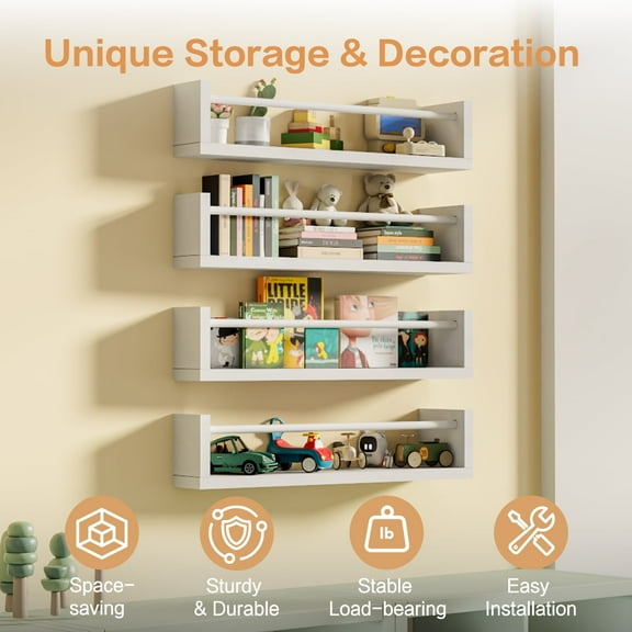 VUSIGN 4-Tier Wall Kids Bookshelf, 23.6 Inch Floating Nursery Book Shelves for Kids Room Toddler Bedroom Furniture Toy Storage