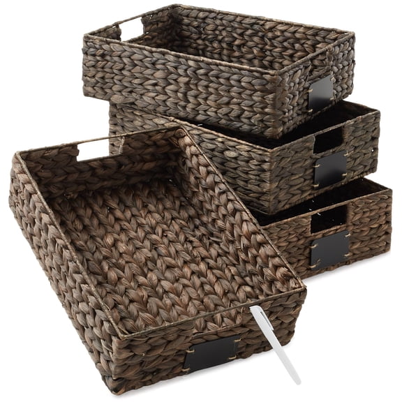 Set of 4 Water Hyacinth Pantry Baskets, 12-1/2" x 17" x 5", with Chalkboard Labels and Chalk Marker - Natural, Woven Storage Bin Organizers for Kitchen Shelves