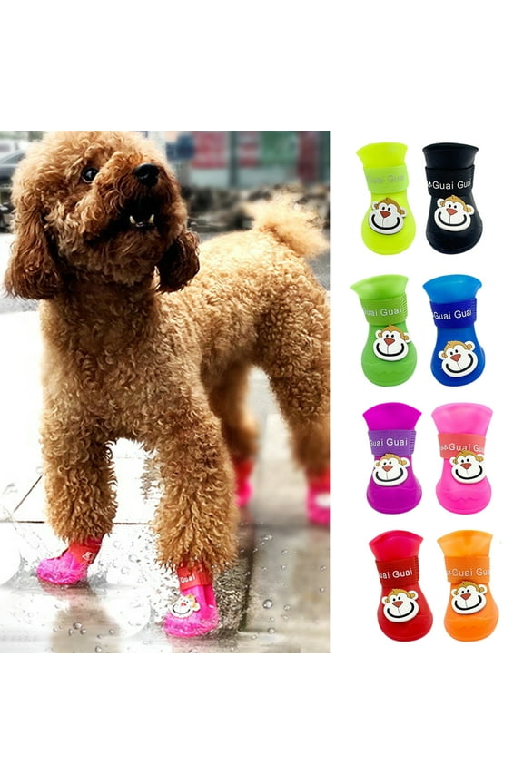 Set of 4, Waterproof Dog Boots, Dog Rain Boots, Dog Outdoor Shoes for Medium to Large Dogs with Monkey Print Fastening Straps and Rugged Anti-Slip Sole