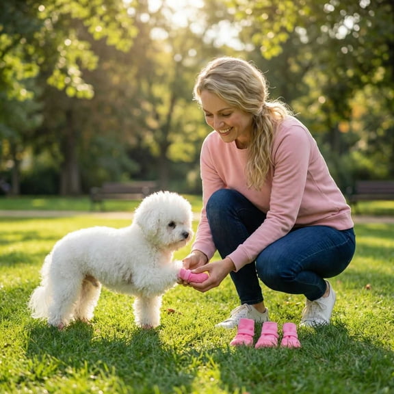 Set of 4 Waterproof Dog Shoes for Small to Large Dogs Breathable Pet Rain Boots with Anti-Slip Textured Soles and Secure Fastener Straps for Outdoor Walking, Pink M