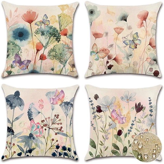 Set of 4 Waterproof Outdoor Decorative Throw Pillow Covers 18x18 Inch Linen Pillow Covers Square Watercolor Floral Cushion Case Garden Pillowcase for Patio Couch Tent (Butterfly and Flowers)