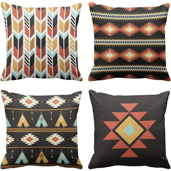 Set of 4 Western Native Tribal Throw Pillow Covers Aztec Vintage Geometric Modern Brightly Decorative Pillow Cases Home Decor Standard Square 18x18 Inches Pillowcases