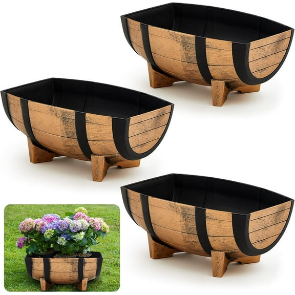 Set of 4 Whiskey Barrel Planters Half Barrel Planter with Removable Drain Screen Plant Flower Pot Weather Resistant Plastic Wine Planter Containers for Indoor Outdoor Garden, 16.14 x 11.8 x 7.28 Inch