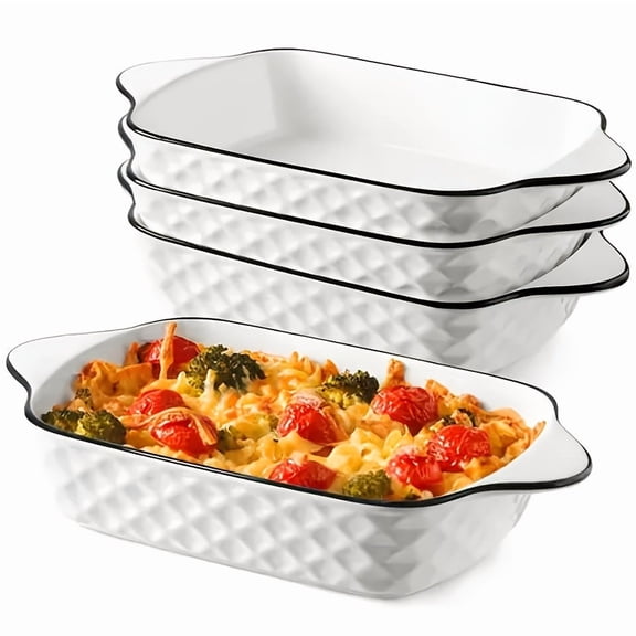 Set Of 4 White & Black Rectangular Ceramic Baking Dishes with Diamond Design & Black Rim, 34oz Large Capacity Lasagna Pans, Oven, Microwave, Freezer Safe (Up to 428°C/200°C)