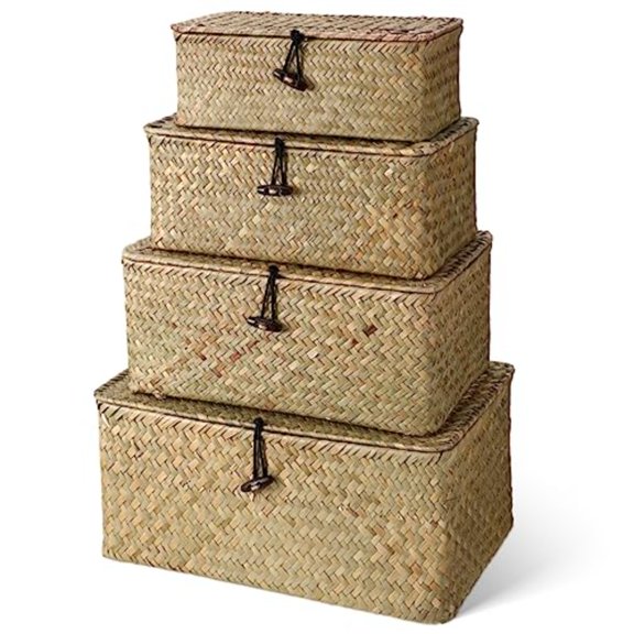 Set of 4 Wicker Storage Baskets Organizer Handwoven Storage Bins with Lid for Organizing Home Utility Box for Home Office Supplies Multipurpose Container Natural Color