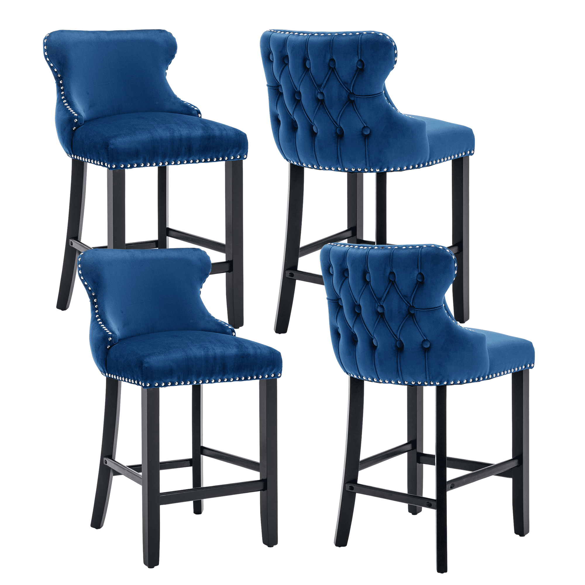 Set of 4 Blue Velvet Upholstered Bar Stools with Nailhead Trim, Tufted ...