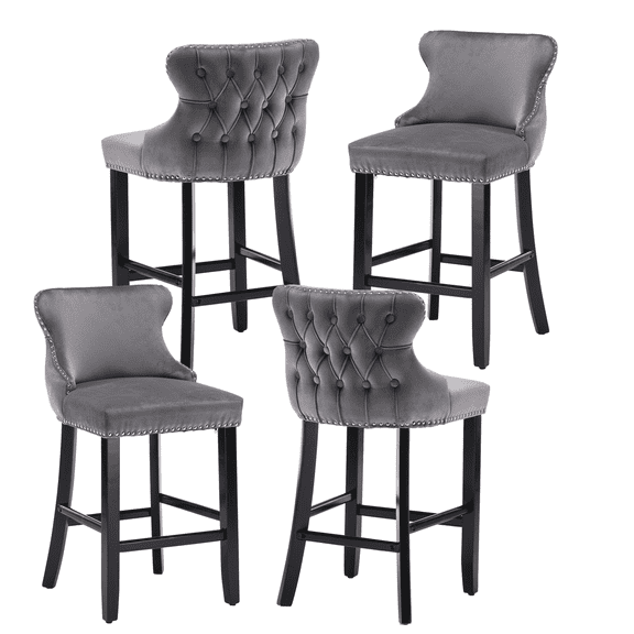 Set of 4 Wingback Upholstered Bar Stools with Nailhead Trim, Velvet Fabric Side Dining Room Chairs with Tufted Button, Living Room Chairs Counter Bar Stools Home Kitchen Island (Grey)