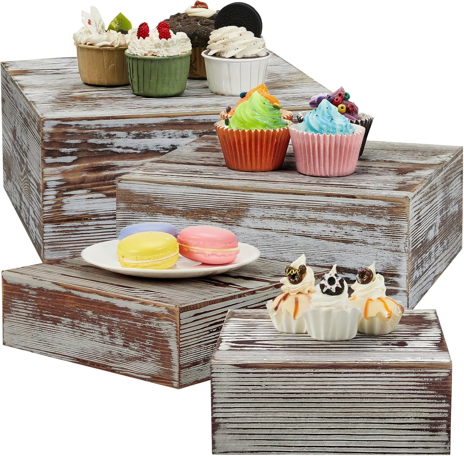 Set of 4 Wood Display Risers Rustic Cupcake Stand Wooden Stackable ...