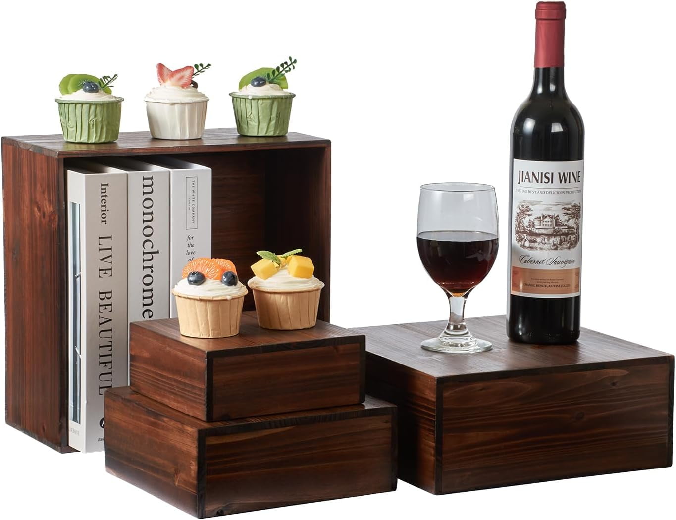 Set Of 2 Rustic Wood & Metal Dessert Stands - Burnt Wood Slat Top, Black Metal Legs, 9.9" Square