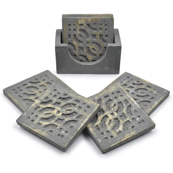 Set of 4 Wooden Square Coasters with Holder for Tea Coffee Beer Wine Glass Drinks-Grey Finish Tabletop Protection for Any Table Perfect Coasters Fits Any Size of Drinking Glasses