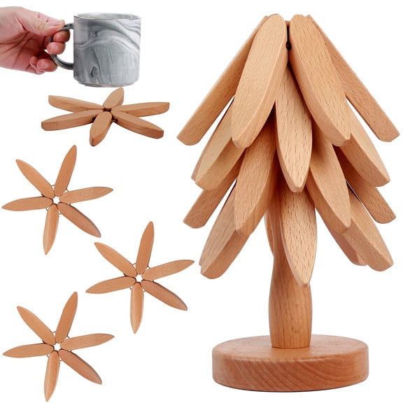 Set of 4 Wooden Trivets Foldable Heat Resistant Pots and Pans Hot Dishes Wooden Mat Kitchen Table Accessories 8" Diameter Tree Shape Trivet Set Coasters