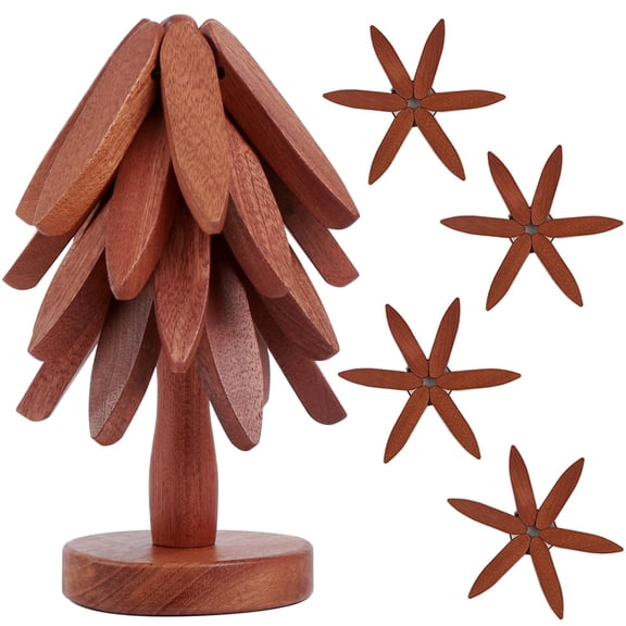Set of 4 Wooden Trivets Foldable Heat Resistant Pots and Pans Hot Dishes Wooden Mat Kitchen Table Accessories 8" Diameter Tree Shape Trivet Set Coasters