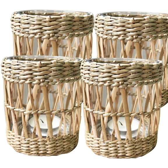 Set 4 Woven Seagrass Votive Candle Holders Tea light Candle Holder Set of 4 - Decorative Boho Wicker Lantern Glass Tealight Holders for Kitchen Dinning Room Bedroom Table Décor