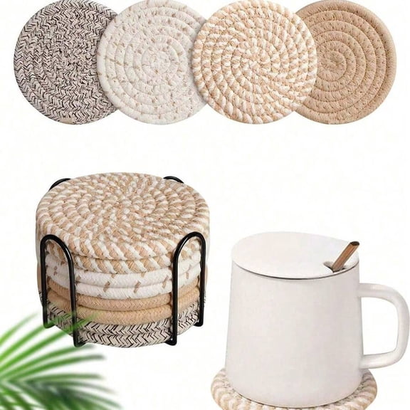 Set of 4 Woven Table Coasters with Holder, Minimalist Heat-Resistant and Absorbent Drink Pads for Kitchen and Home Decor, 4.3 Inch Round Coasters for Cup and Glass Protection