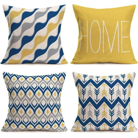 Set of 4 Yellow and Navy Blue Geometry Throw Pillow Covers Ethnic Tribal Style Modern Home Decorative Pillow Cases Cotton Linen Square Cushion Covers for Sofa Bed Car (Geometry, 20" x 20")