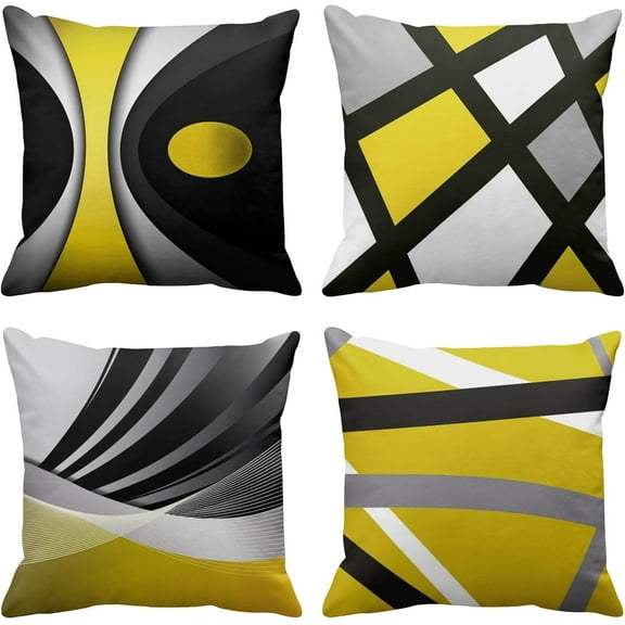Set of 4 Yellow Throw Pillow Covers Modern Abstract Black Grey Stripes Gray White Acrylic Bold Decorative Pillow Cases Home Decor Square 16x16 Inches Pillowcases