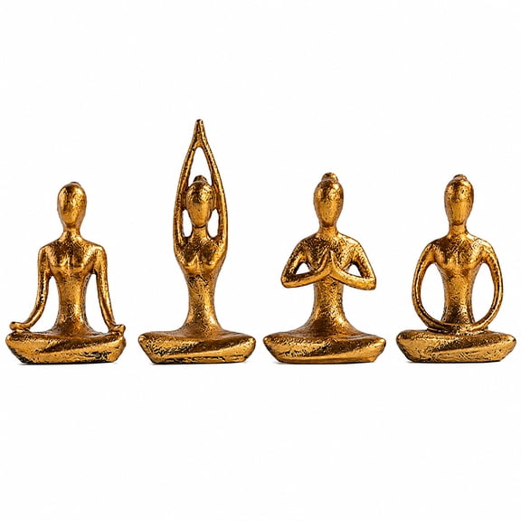 Set of 4 Yoga Figurines for Home Decor, Abstract Gold Decorative Statues, Yoga Sculptures for Bookshelf, Office Desk, Coffee Table, Shelf, Mantel and Living Room Display