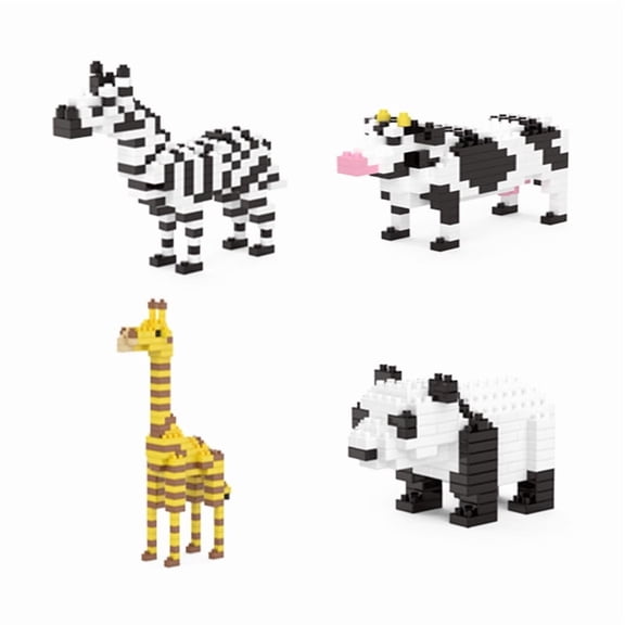 Set of 4 Zebras/Cows/Giraffes/Pandas Fun Animal Series Handmade DIY Models Nano Pieces Assembling Adult Building Blocks Collectible Gift Ornaments New Year's Gifts Birthday gifts