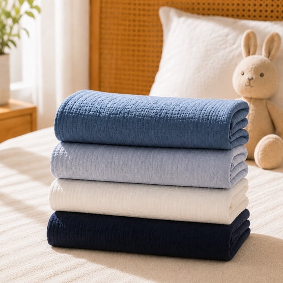 Set of 4 baby muslin blanketssuitable for boys and girlsfeaturing soft, breathable fabric and a neutral grass-green and blue color scheme; a parenting essential. Dimensions: 31.5 x 25.6 inches.