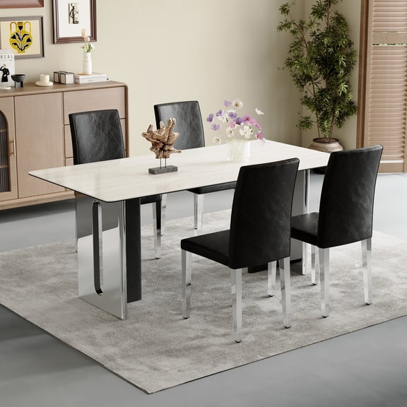 Set of 4 black PU backrest chairs with silver metal legs -A perfect match for minimalist and modern home styles, with dimensions of 16.2*18.5*34.6 inches.