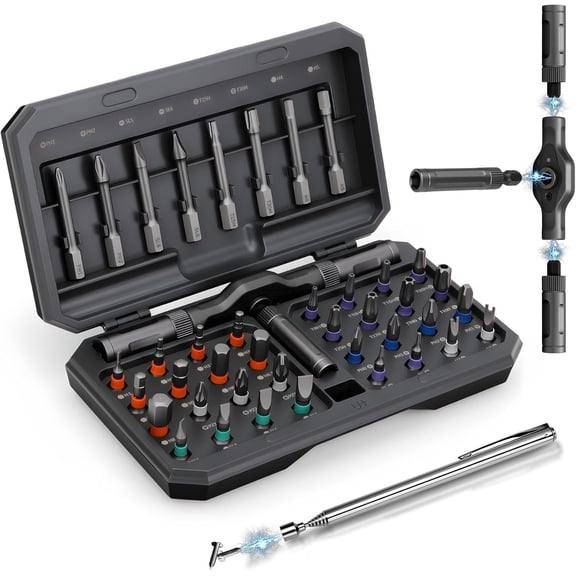 Set, 42 in 1 T Handle Ratchet with S2 Steel Multi Bits, Portable Compact Repair Tool Kit with a Pickup Tool for DIY, Furniture, Daily Repair (Grey)