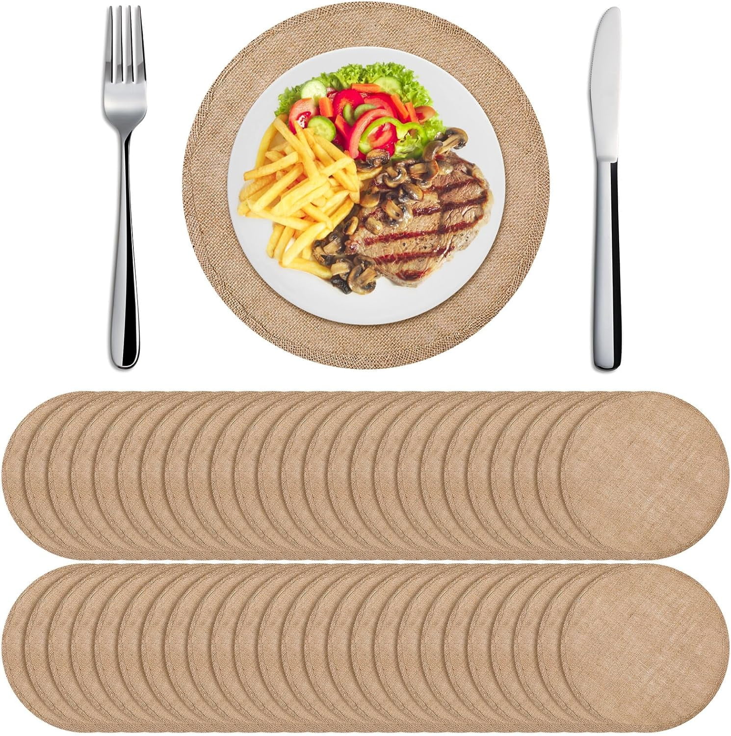 Set of 48 Burlap Round Placemats Bulk Burlap Circle Rustic Table Decorations Jute Farmhouse Placemats Heat Resistant Round Table Mats Charger Place Mats for Christmas(11.8 in,Brown)
