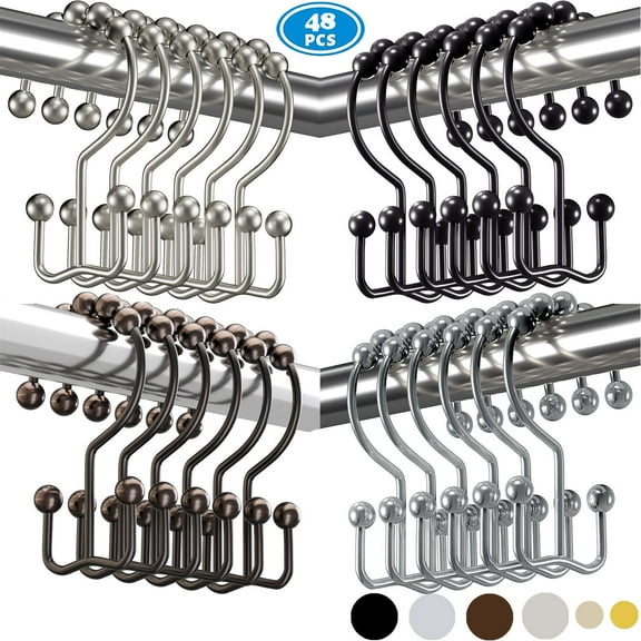 Set of 48 Double Shower Curtain Hooks, Rust-Free Premium Stainless Steel Easy Glide Rollerball Shower Curtain Rings for Bathroom Shower Rods Curtains, Chrome Bronze Black Matte Nickel Finish