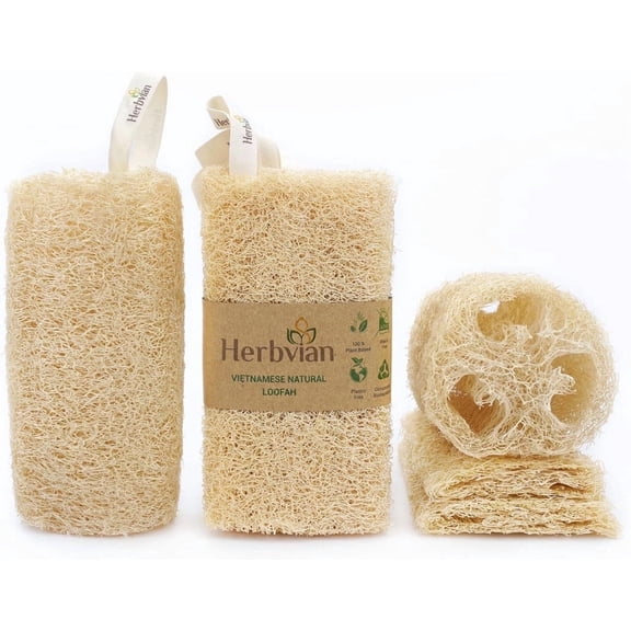 Set 4Pcs Natural Vietnamese Loofah Sponge, 100% Plant-Based Luffa Exfoliating Body Scrubber for Shower, Multi-Functional for Kitchen, Ideal for Men & Women, Spa & for Pet