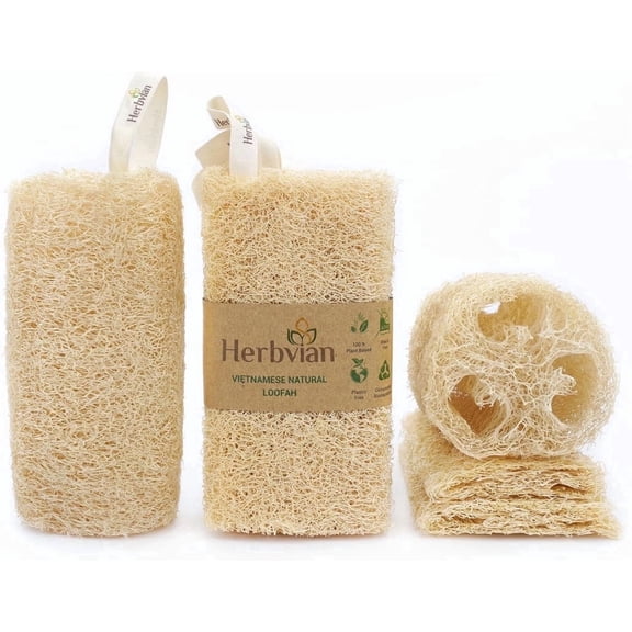 Set 4Pcs Natural Vietnamese Loofah Sponge, 100% Plant-Based Luffa Exfoliating Body Scrubber for Shower, Multi-Functional for Kitchen, Ideal for Men & Women, Spa & for Pet