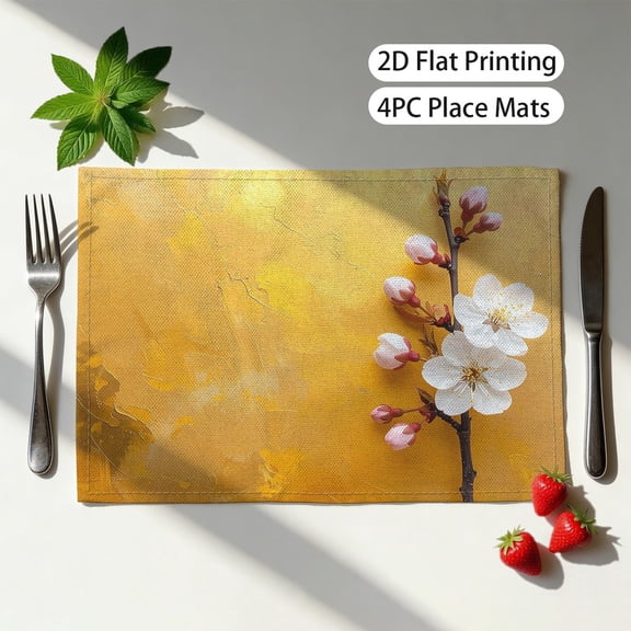Set of 4pcs,Cherry Blossom Golden Textured Printed Placemats,fashion print pattern table mat, for dining table, kitchen, party, indoor, holiday, dinner parties and home decor (table mats) 12x18 Inch